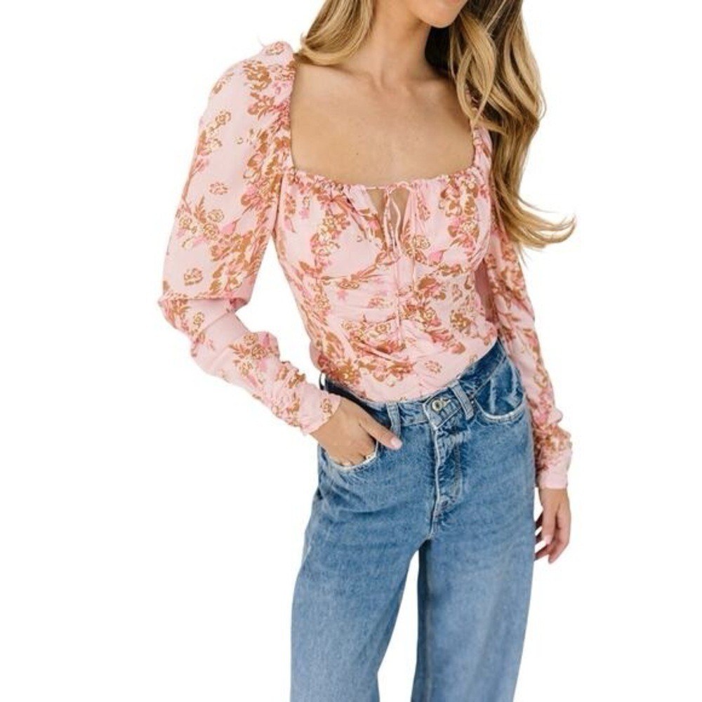 Free People Pink Floral Ruched Tie Front Puff Sleeve Smocked Back Top NWT Size M